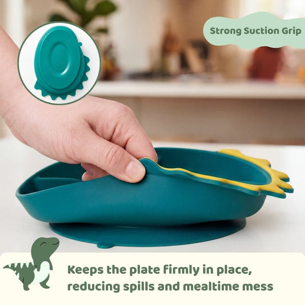 Baby Dino Silicon Suction Feeding Set-Plate With Spoon and Fork, (4Months+)
