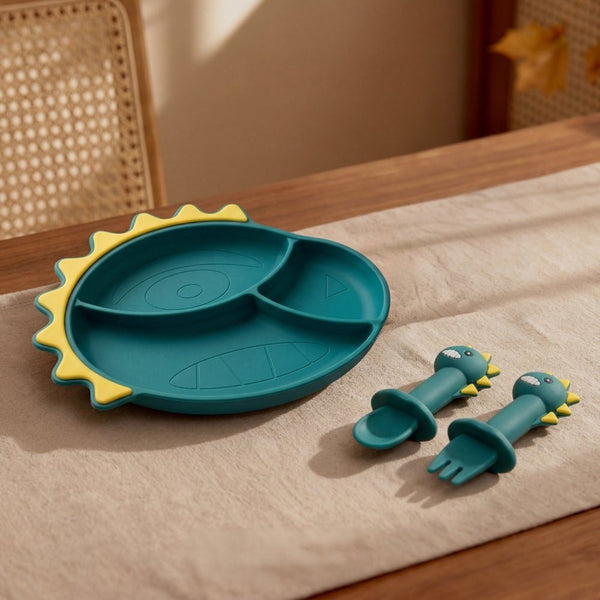 Baby Dino Silicon Suction Feeding Set-Plate With Spoon and Fork, (4Months+)