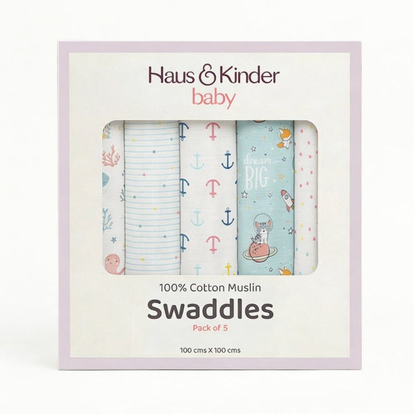 Nautical Collection 100% Cotton Muslin Swaddle Pack Of5