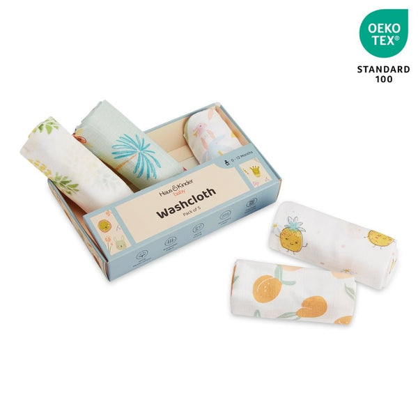 Tropical Twist 100% Cotton Pack of 5 Wash Cloth 0 - 12 Months