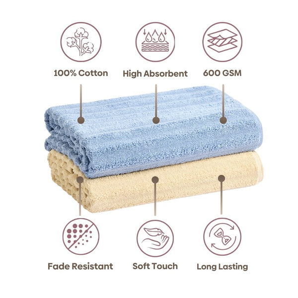 100% Cotton Allure Zero Twist Bath Towel- Pack Of 2 - (Beige, Dusty Blue)