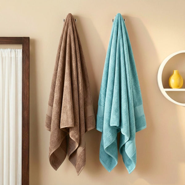 100% Cotton Harmony Combed Bath Towel- Pack Of 2(Coastal Blue, Taupe)