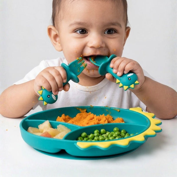 Baby Dino Silicon Suction Feeding Set-Plate With Spoon and Fork, (4Months+)