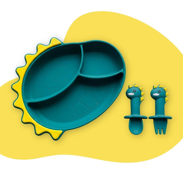 Baby Dino Silicon Suction Feeding Set-Plate With Spoon and Fork, (4Months+)