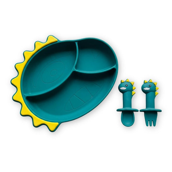 Baby Dino Silicon Suction Feeding Set-Plate With Spoon and Fork, (4Months+)