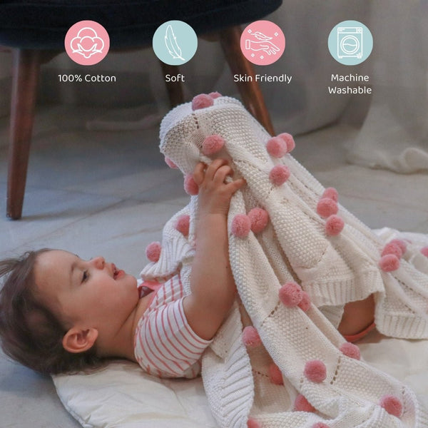 Bubblegum Pom Pom 100% cotton knitted Summer AC blanket 0 - 3 years