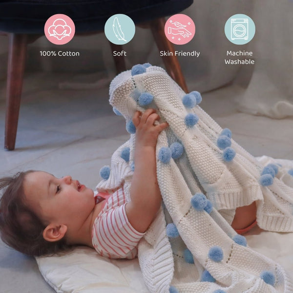 Whimsical Pom Pom 100%cotton knitted Summer AC blanket 0- 3 years