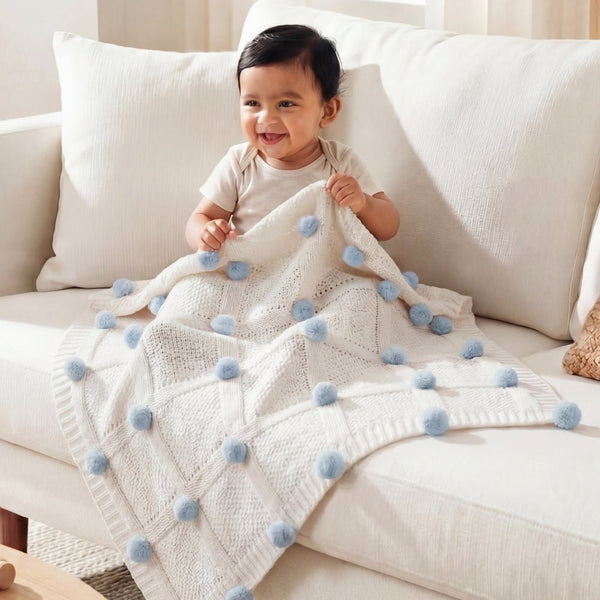 Whimsical Pom Pom 100%cotton knitted Summer AC blanket 0- 3 years