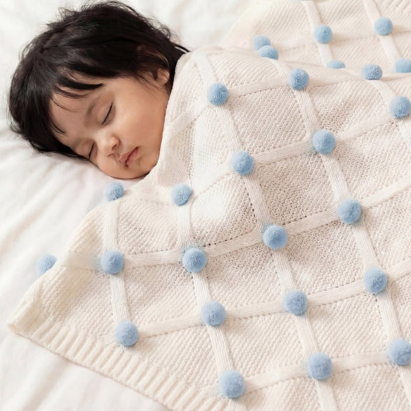 Whimsical Pom Pom 100%cotton knitted Summer AC blanket 0- 3 years