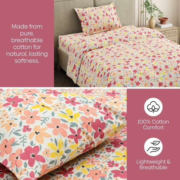 Sunlit Blossom Meadow Single Fitted Size Bedsheet, 186 TC
