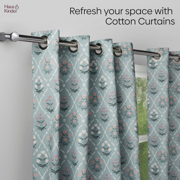 Cotton Printed Curtain Blue Spruce Trellis, Teal