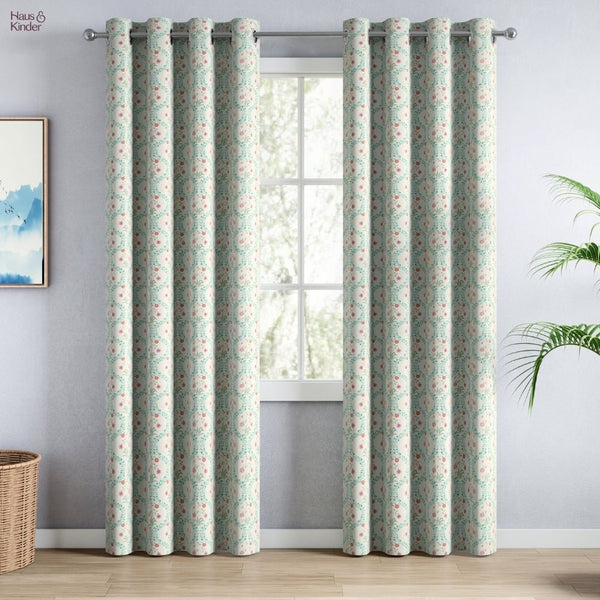 Cotton PrintedPack Of 2 Curtain Pink Blossom, Teal