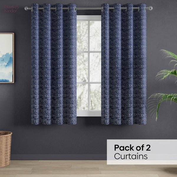 Jacquard Window Curtains Midnight Daisy, Indigo Blue