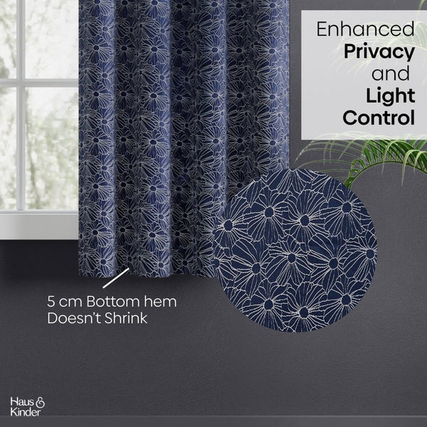Jacquard Window Curtains Midnight Daisy, Indigo Blue