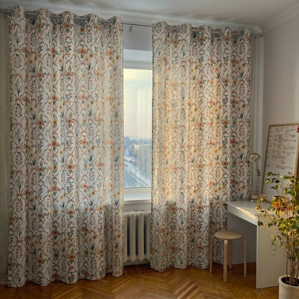 Petal Lattice Cotton Printed Pack Of 2 Curtain, Multicolor