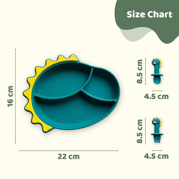 Baby Dino Silicon Suction Feeding Set-Plate With Spoon and Fork, (4Months+)