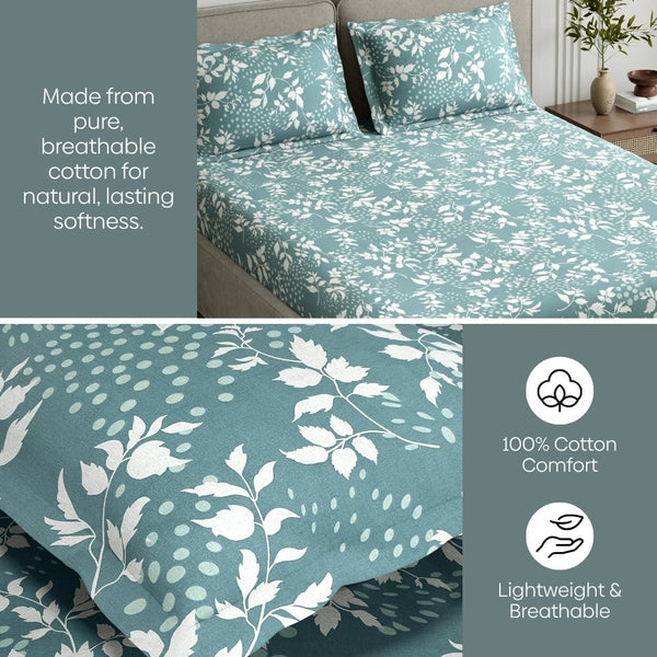 Green foliage 100% Cotton Double Fitted Bedsheet, 144 TC