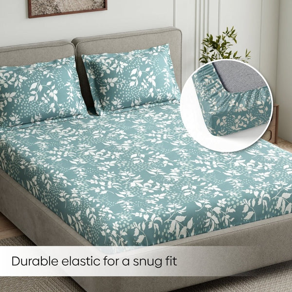 Green foliage 100% Cotton Double Fitted Bedsheet, 144 TC
