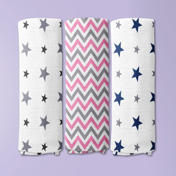 Tiny Twinkles 100% Cotton Muslin Swaddles 0 to 3 Months, Pack of 3