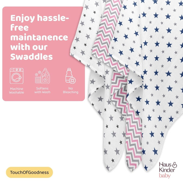Tiny Twinkles 100% Cotton Muslin Swaddles 0 to 3 Months, Pack of 3