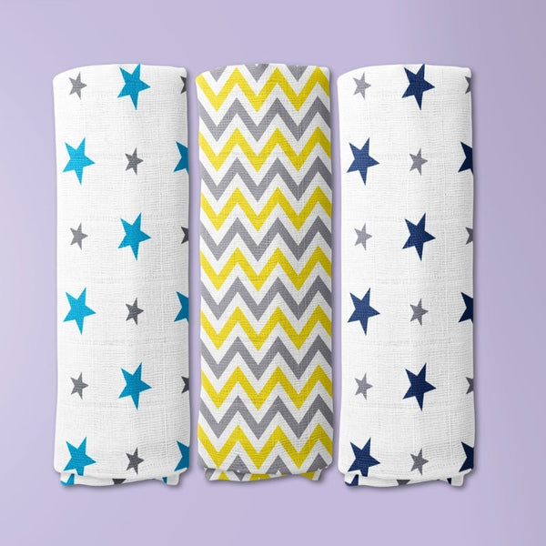 Sunny Skies 100% Cotton Muslin Swaddles 0 to 3 Months, Pack of 3