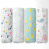 Aloha Collection 100% Cotton Muslin Swaddle Pack Of4 (Elephant, Dot, Fruit, Ocean)