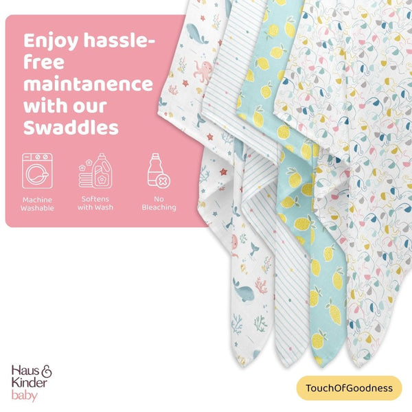 Aloha Collection 100% Cotton Muslin Swaddle Pack Of4 (Elephant, Dot, Fruit, Ocean)