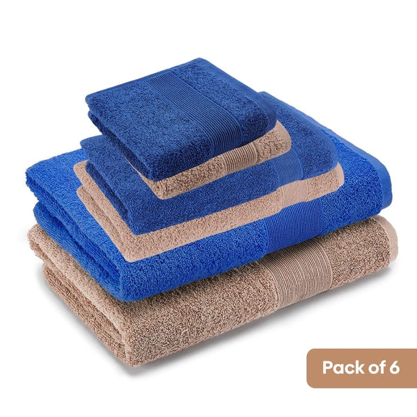 100% Cotton Harmony Combed Bath Set- Pack Of 6(Cobalt, Almond)