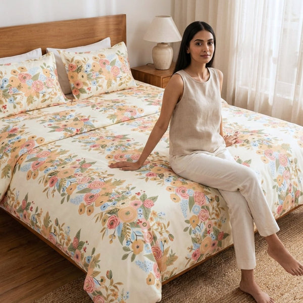 Vintage Peony 100% Combed Cotton 144 TC King Flat Bedsheet