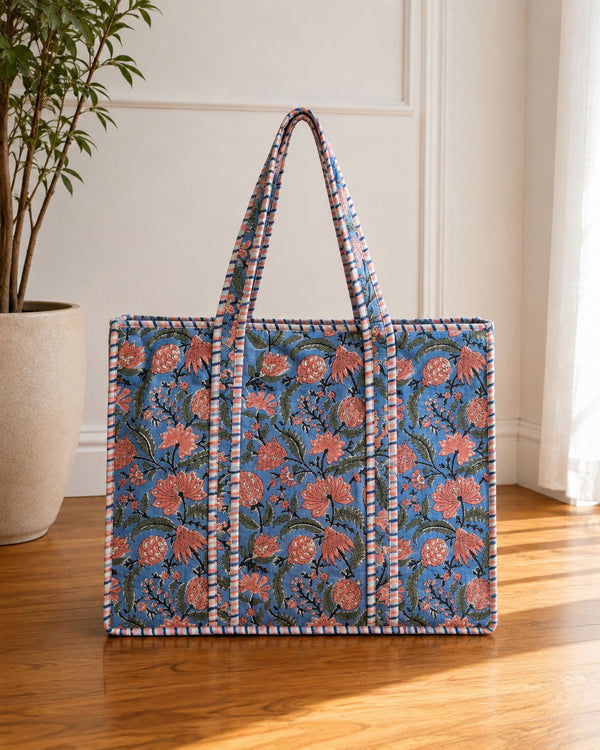 Blue Pink Floral Tote Bag