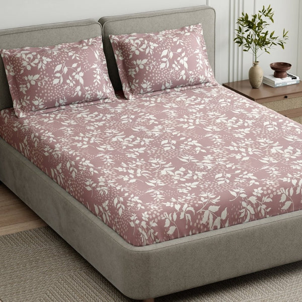 Wine foliage 100% Cotton Double Fitted Bedsheet, 144 TC