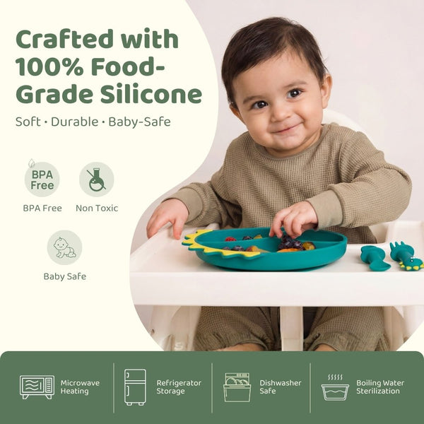 Baby Dino Silicon Suction Feeding Set-Plate With Spoon and Fork, (4Months+)