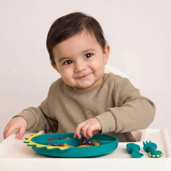 Baby Dino Silicon Suction Feeding Set-Plate With Spoon and Fork, (4Months+)