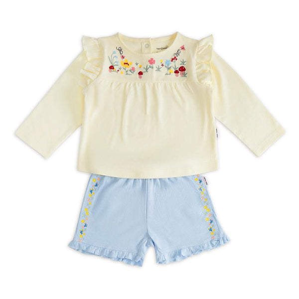 100% Cotton Full Sleeve Girl Top & Shorts Off, white - Blue