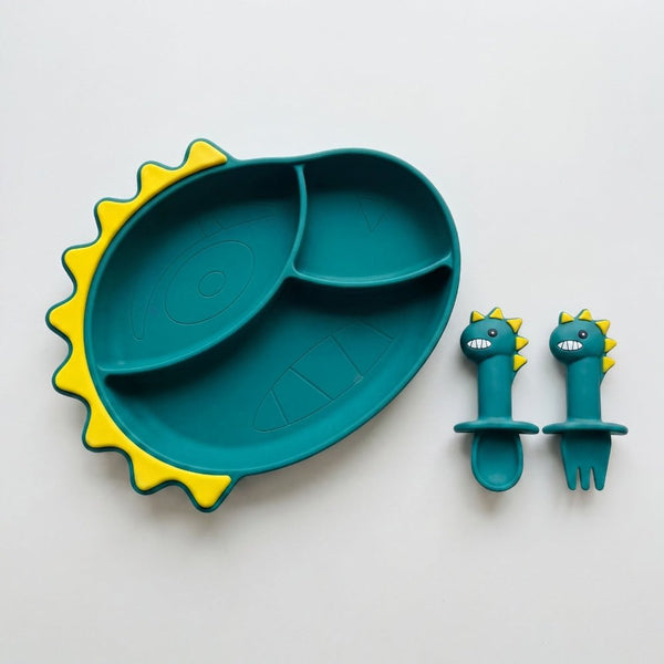 Baby Dino Silicon Suction Feeding Set-Plate With Spoon and Fork, (4Months+)