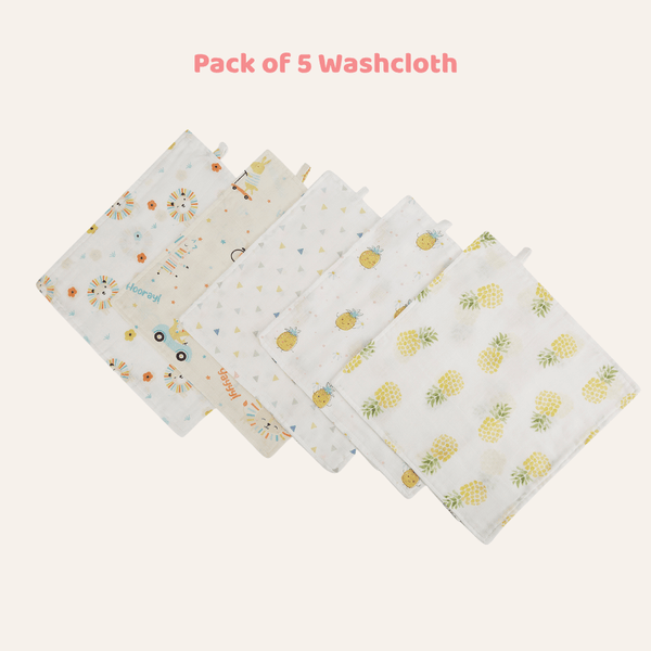 Jungle Party 100% Cotton Pack of 5 Wash Cloth 0 - 12 Months