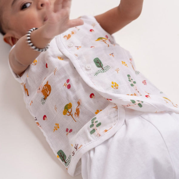 100% Cotton Muslin Vest Pack of 2 - Woodland Animal & Elephant