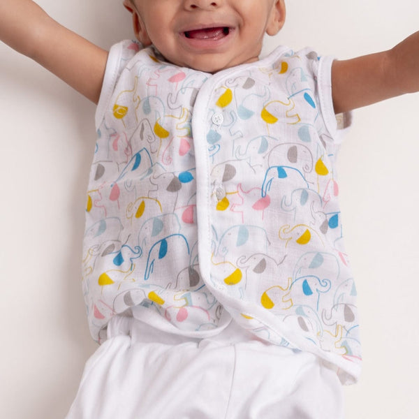 100% Cotton Muslin Vest Pack of 2 - Woodland Animal & Elephant