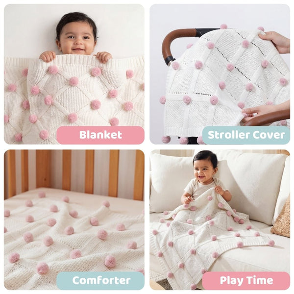 Bubblegum Pom Pom 100% cotton knitted Summer AC blanket 0 - 3 years