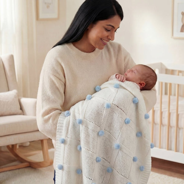 Whimsical Pom Pom 100%cotton knitted Summer AC blanket 0- 3 years