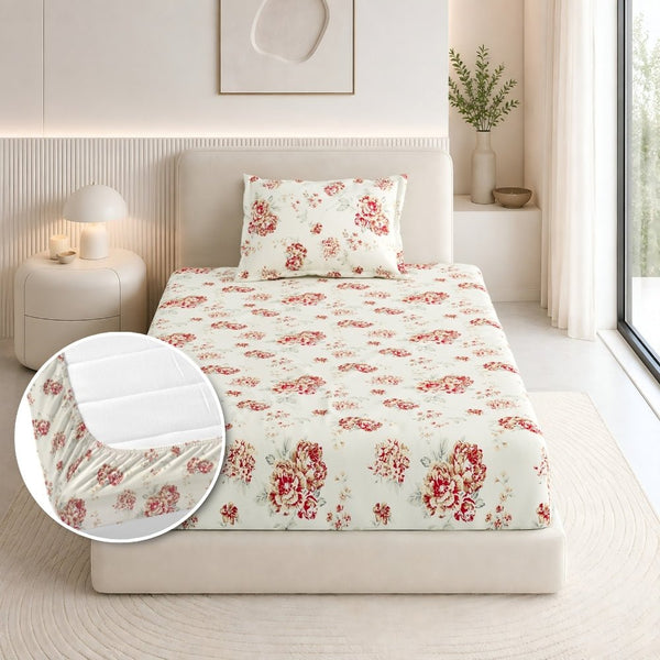 English Rose Reverie Single Fitted Size Bedsheet, 186 TC