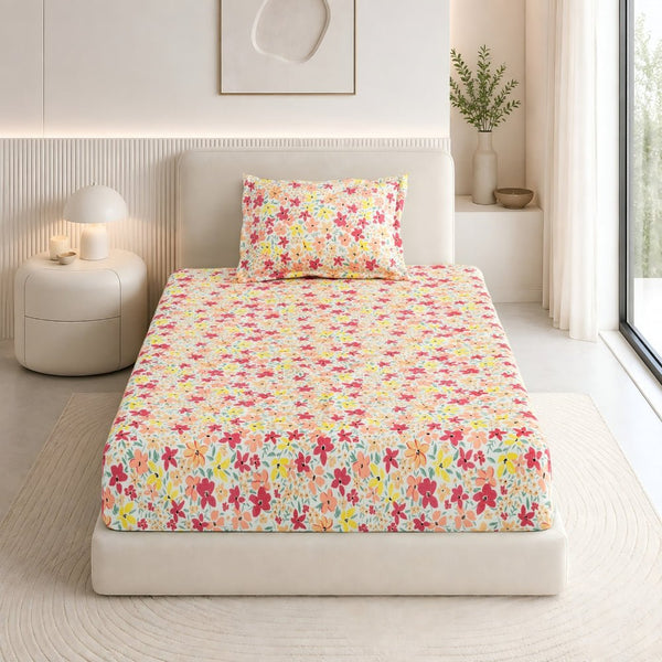 Sunlit Blossom Meadow Single Fitted Size Bedsheet, 186 TC