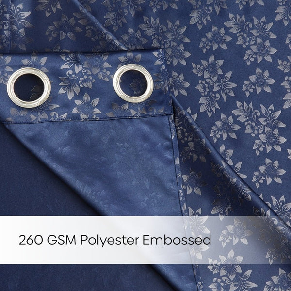 Blackout Solid With Embossed Design Elysian Bloom Pack Of 2 Curtain, Navy