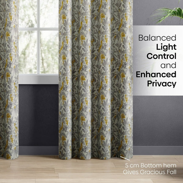 Blackout Digital Printed Pack Of 2 Curtain Amber Aviary, Grey