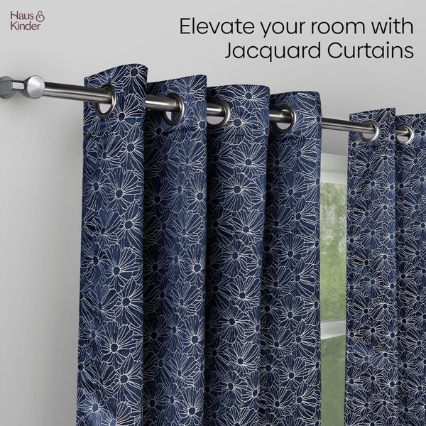 Jacquard Window Curtains Midnight Daisy, Indigo Blue