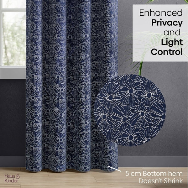 Jacquard Window Curtains Midnight Daisy, Indigo Blue