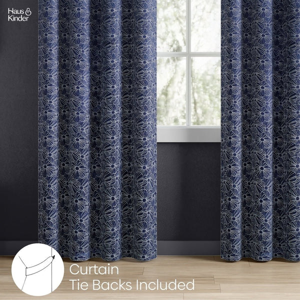Jacquard Window Curtains Midnight Daisy, Indigo Blue