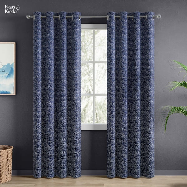 Jacquard Window Curtains Midnight Daisy, Indigo Blue