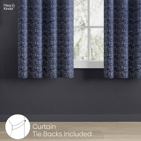 Jacquard Window Curtains Midnight Daisy, Indigo Blue