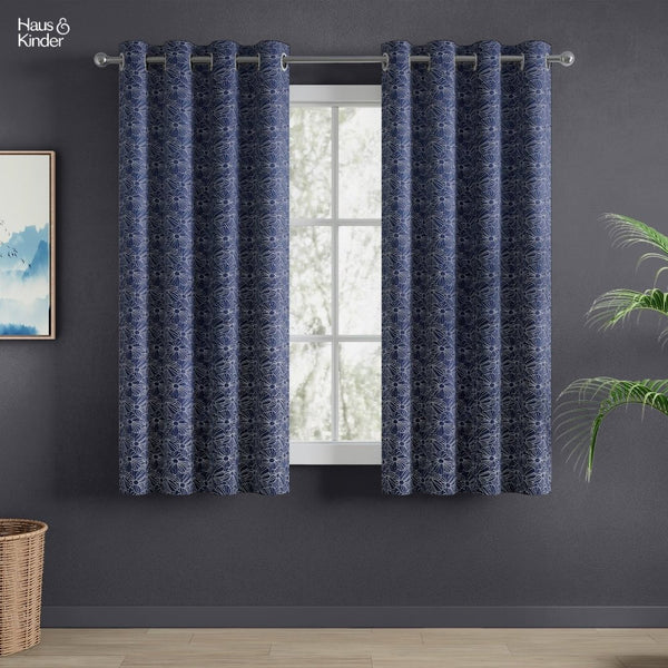 Jacquard Window Curtains Midnight Daisy, Indigo Blue